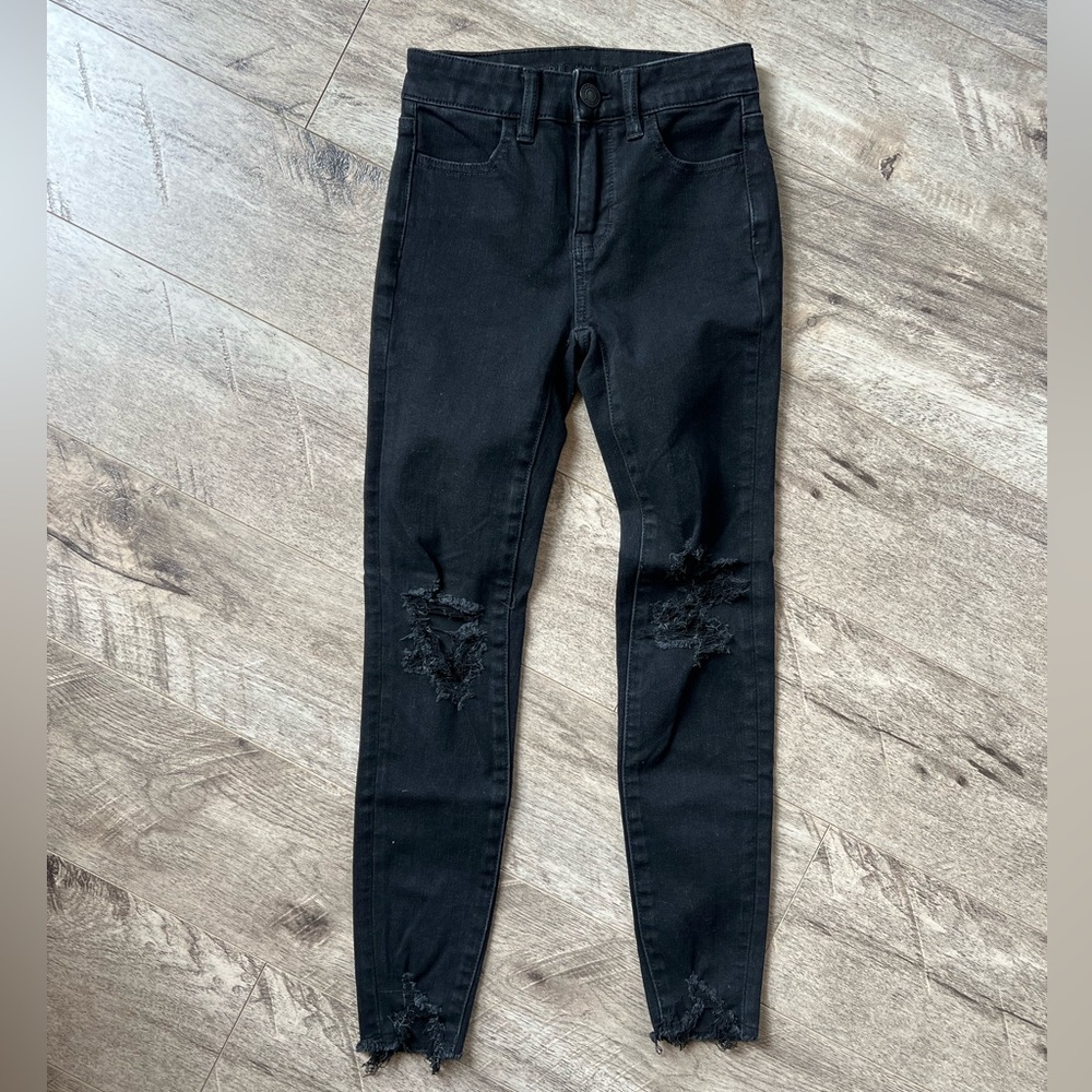 American Eagle Womens AE Distressed Denim High-Rise Jegging Black Size 000 Short